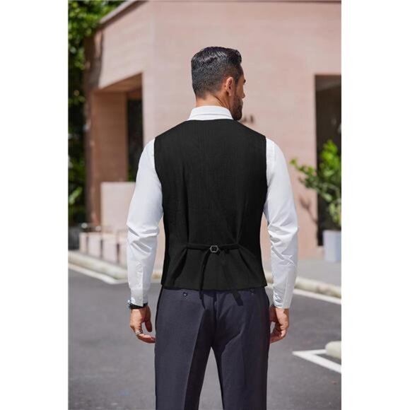 Men's Tweed Suit Vests Slim Fit Waistcoat Black - Picture 3 of 7